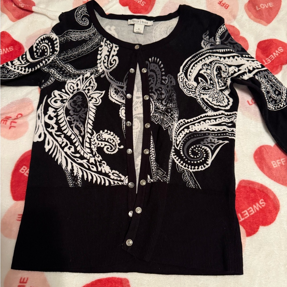 White House Black Market Black and White Paisley Button-Front Cardigan